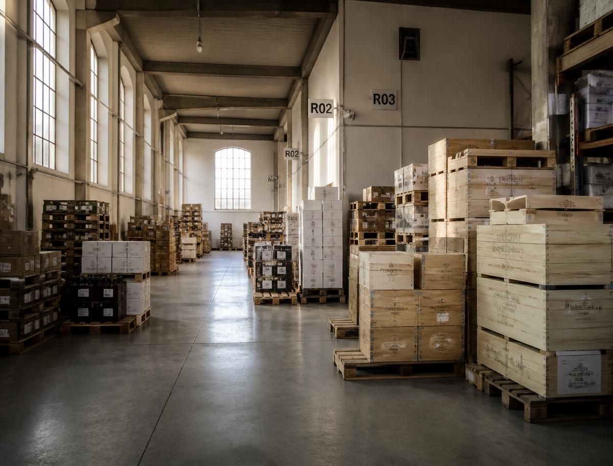 Quiet European logistics warehouse with stacked crates in morning light
