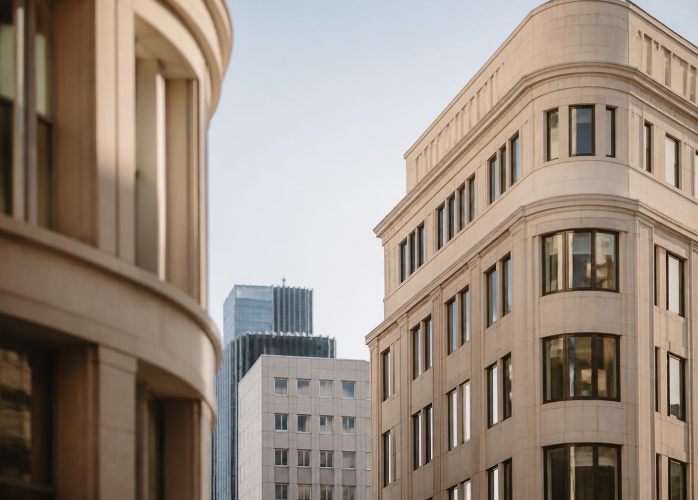 Stone and glass office architecture in a Madrid business district